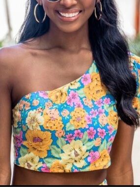 Pink Lily One Shoulder Floral Crop Top Blue Multicolor Medium